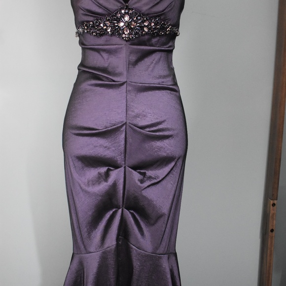 Floor Length Gray Shimmer Deep V & Fishtail Dress - Picture 2 of 5